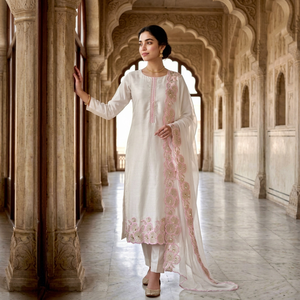 Ensemble Kurta et pantalon en coton brodé blanc avec dupatta pour femme, tenue traditionnelle indienne et pakistanaise, coupe décontractée longueur cheville - Product Image 1