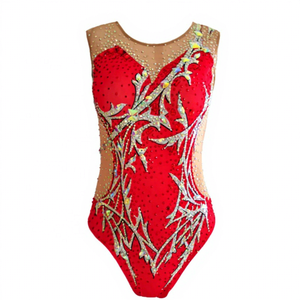 LIUHUO <strong>Red</strong> Rhinestone <strong>Swimming</strong> Leotard Sleeveless Floral Vine Pattern Girls' Competition Performance <strong>Costume</strong> - Product Image 1