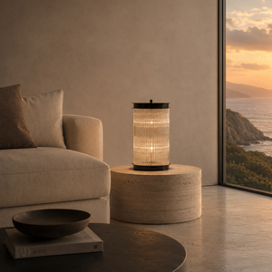 Modern Ribbed Glass Floor Lamp With Metal Base For Living Room Bedroom And Hotel Decor - Product Image 4