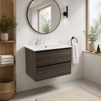 Kabinet Kamar Mandi Mengambang Motif Kayu Gelap dengan Wastafel Putih Terintegrasi Dua Laci Furnitur Proyek Hotel Villa Kustom