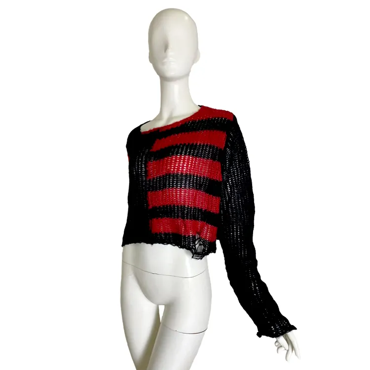 Women Pullover Crop Sweater Lady Hollow O Neck Long Sleeve Loose Striped Jumers Y2K Sweaters Short Knit Jumper Red White Purple