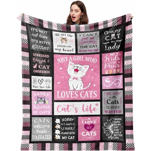 Pink <b>Cat</b> Quotes Patchwork Flannel Blanket Throw Blanket Nap Blanket Wholesale Super Soft Machine Washable Custom Print - Product Image 1