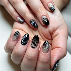 Faux ongles à presser pour Halloween, courts, forme amande, motifs fantôme et citrouille, sombres, mignons et effrayants, pour nail art de fête - Product Image 6