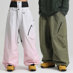 Pantalones de esquí impermeables KingSen para hombre, estilo holgado, pierna ancha, cintura elástica, patchwork, cargo con bolsillos laterales con cremallera, pantalones cortavientos - Product Image 1