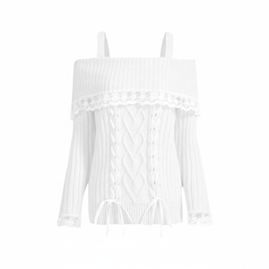 เสื้อสเวตเตอร์เปิดไหล่แขนยาวสำหรับผู้หญิงเสื้อจั๊มเปอร์ถักลูกไม้และโบว์ด้านหน้าเสื้อผูกสีขาว - Product Image 1