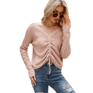 Neues Design Kordelzug unregelmäßiger Stil solide Farbe gestrickter Pullover sexy V-Ausschnitt Damenlangärmeliger gestrickter Pullover