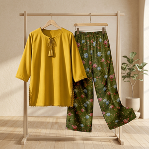 Ensemble coordonné respirant Muzang Bohème Printemps/Été 2 pièces (Manches trois quarts en coton et fibre de bambou) - Product Image 2