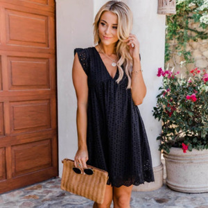 Vestidos Mini de Encaje Sexy con Aberturas para Mujer 2025, Cuello en V, Mangas con Volantes, Vestido de Verano con Bolsillos y Pantalones Cortos - Product Image 1