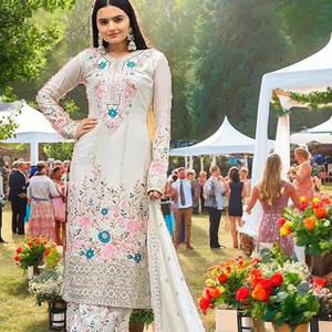 Conjunto de 2 Piezas de Salwar Kameez Moderno Estilo Pakistaní para Hombre, Pantalón y Túnica de Poliéster Blanco Bordado, Corte Regular, Secado Rápido - Product Image 2