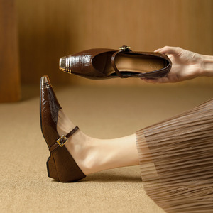 Mary Jane Shoes Square Toe <b>Block</b> Heel Genuine Leather Buckle Strap Women's Pumps Comfortable All Seasons - Product Image 1