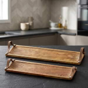 Plateau de service en céramique 18-15 I, manche en cuir marron, boîtes à fruits durables, de forme rectangulaire, sécurité alimentaire, en bois de manga, Design rustique - Product Image 3
