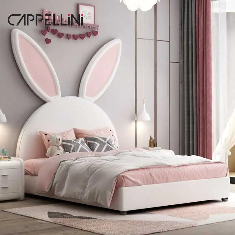 현대 럭셔리 홈 동물 모양의 소년 어린이 침실 가구 세트 만화 토끼 디자인 더블 가죽 어린이 침대 소녀를위한