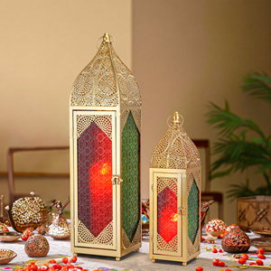 Juego de 2 Faroles de Vela Dorados Estilo Marroquí para Interiores con Vidrio de <span class=keywords><strong>Colores</strong></span> para Decoración Festiva - Product Image 6