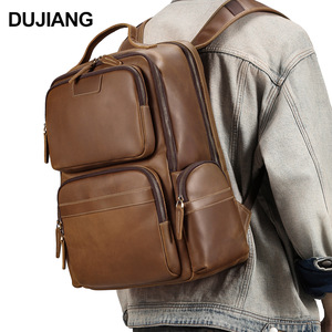 Dujiang Men's Genuine Leather <b>Backpack</b> 20L <b>Lightweight</b> Casual Travel Bag Solid Color Brown - Product Image 1