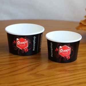 Gobelet en papier jetable personnalisé à paroi simple, imprimé logo rouge, noir et rose, avec couvercle dôme, pour crème glacée à emporter – Vente en gros - Product Image 2