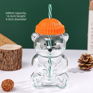 Gobelet en verre Ours créatif avec paille, motif dessin animé, vente en gros - Product Image 3