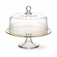 Présentoir à gâteau en verre jetable haut de gamme avec couvercle en dôme, plateau de présentation sur piédestal, bord doré, élégant pour desserts de mariage et usage domestique