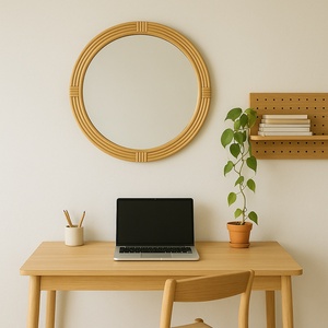 Elegant <strong>Round</strong> Wall <strong>Mirror</strong> Natural <strong>Oak</strong> Finish Wooden Frame Hanging <strong>Mirror</strong> for Dining Room - Product Image 2