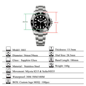 맞춤형 도매 40mm 신형 시계 일본 NH35 무브먼트 기계식 남성용 시계 투명 밑면 - Product Image 2