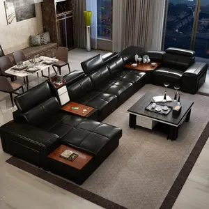 Yeni varış oturma odası kanepeleri oturma odası mobilya siyah renk deri kanepeler mini buzdolabı