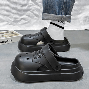 Summer Platform <b>Clogs</b> For Men 4Cm Heel Black Solid Color Slip On Beach Sandals - Product Image 1