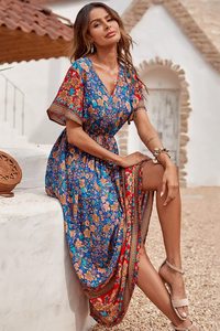 2023 donna Casual estate Boho stampa floreale abito scollo a V manica corta vita alta lunghi Maxi abiti da spiaggia - Product Image 6