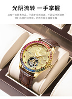 Montre mécanique squelette en diamant coloré pour hommes Montre-bracelet creuse automatique en cuir à la mode pour hommes