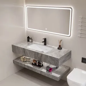 Ensemble de meubles de salle de bain moderne et simple avec lavabo en céramique en forme de dalle rocheuse, finition laquée, porte en acrylique - Product Image 1