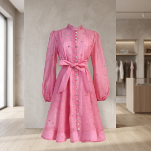 Pink Lace Knitted A-Line Dress Stand Collar Lantern Sleeves Rhinestone Buttons Natural Waist Sweet Style <b>Maxi</b> Length Breathable - Product Image 4
