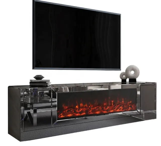काले रंग की दीवार लकड़ी टीवी कैबिनेट चिमनी टीवी स्टैंड के साथ कमरे में रहने वाले भंडारण कैबिनेट दरवाजे और अलमारियों में कृत्रिम चिमनी