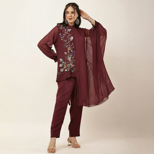 Elegant Women's Embroidered Cord Set Mandarin Collar <b>Loose</b> Boho Style Full Sleeve Georgette Casual <b>Dress</b> - Product Image 1