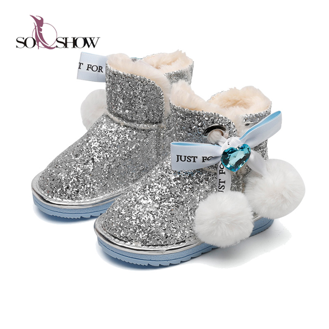 Блестящие Зимние ботинки для маленьких девочек, теплая Нескользящая зимняя обувь с плюшевой подкладкой и милым бантом