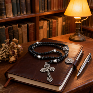 Collana Personalizzata con Perline <span class=keywords><strong>in</strong></span> Legno da 10MM, Rosario Cattolico di San Benedetto con Crocifisso e Croce - Product Image 5