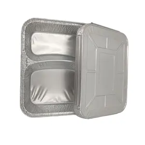 Divided lunch box 2 compartment foil lid takeout fast food pans aluminum foil food container
