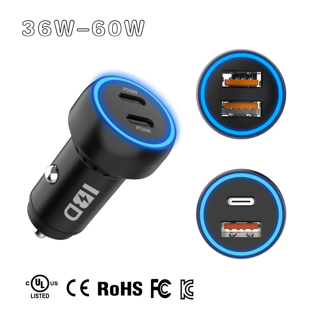 Cargador de teléfono móvil para coche, adaptador de carga rápida para portátil, Pd, Qc, Usb tipo C, Usbc 3,0, Dual, 2, 4 puertos, 36w, 38w, 48w, 60w, 65W