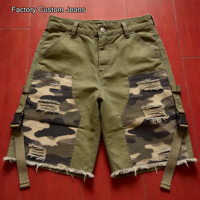 Shorts en jean décontractés pour hommes, style streetwear, camouflage, délavé vintage, avec patchs, coupe oversize Y2K, logo personnalisé, vente en gros fabricant