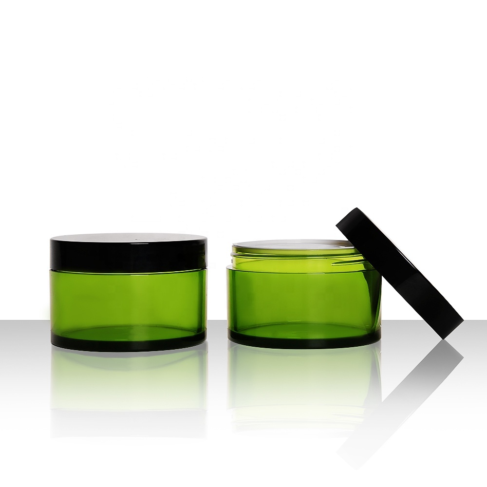 Thick wall 200ml 7oz customize PET green face cream jar with ABS black screw lid and PP inner cosmetic packaging jar