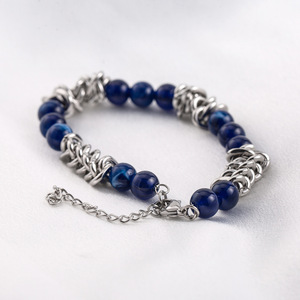 Pulsera de cuentas de moda, cuentas redondas azules, cadena de plata tibetana, accesorio para hombre - Product Image 3