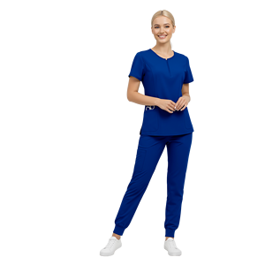 थोक फैशन महिला नर्स शाही नीले रंग जिपर गर्दन और आकार की छोटी आस्तीन स्ट्रेची मेडिकल स्क्रब वर्दी सेट - Product Image 1