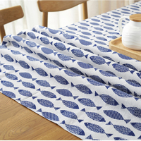 Nouvelle arrivée, nappe de table en coton et lin imprimé bleu de style japonais, motif de petits poissons méditerranéens, nappe rectangulaire pour table à manger, pour la maison