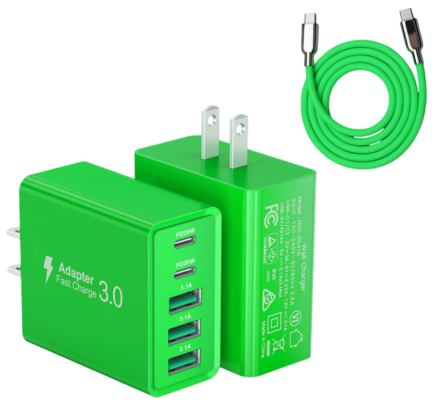 50W USB C Wall Charger 5-Port PD Fast Charging Block with OTP Protection Green 16/15 Multiport USB Plug Brick Cube for Phone