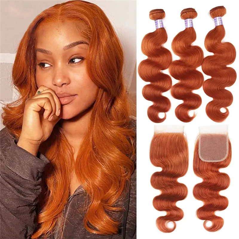 Orange Ginger 3 Bundles With Closure Brazilian Hair Weave Body Wave Ginger Bundles And Closure Set