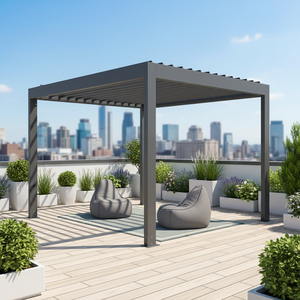 Pergola moderne minimaliste en aluminium 6063-T6 robuste avec éclairage LED, revêtement poudré noir pour terrasse, balcon, <span class=keywords><strong>jardins</strong></span> <span class=keywords><strong>contemporains</strong></span> - Product Image 1