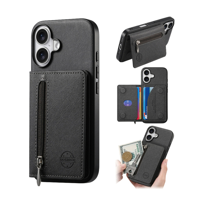 For Iphone 16 Flip Case With Card Holder Zipper Storage Shockproof PU Leather Phone Case Wallet For Iphone 16