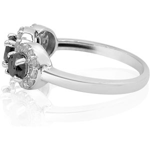 Anillo de Compromiso de Oro Blanco con Diamante Negro Natural de 3 Piedras con Halo, Corte Brillante Redondo de 1.37 Quilates para Mujer - Product Image 4