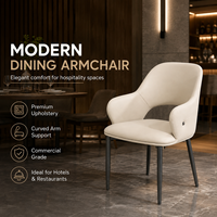 Fauteuil de salle à manger moderne à dossier haut, rembourré, avec accoudoirs incurvés crème et pieds en métal noir pour hôtel et restaurant