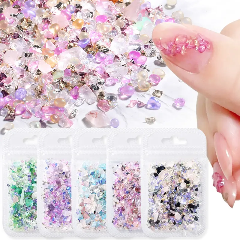 Joyería de Arte de uñas cristal piedra colorida cristal grava ágata bolsa cuentas de vidrio polarizado diamantes de imitación para uñas al por mayor