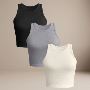 Women's Ribbed Crew Neck Sleeveless <b>Crop</b> Tank <b>Top</b> Solid Color Breathable Yoga <b>Top</b> Regular Fit Adult Sportswear - Product Image 3