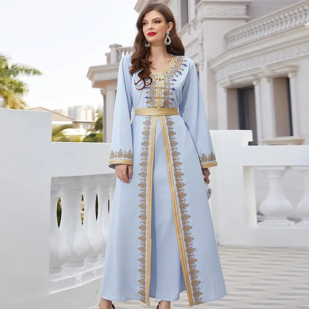2022 New Hand-Stitched Abaya Dress Light Blue Ribbon V Neck Long Sleeve Women Clothes Spring Travel Dress