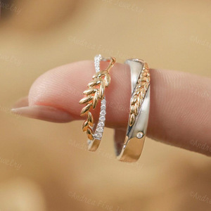 Anello Andrea Fine Jewelry con Motivo Vegetale, Zirconia Cubica, Incastonatura a Pavé, Anello Unisex alla Moda, Regalo - Product Image 1